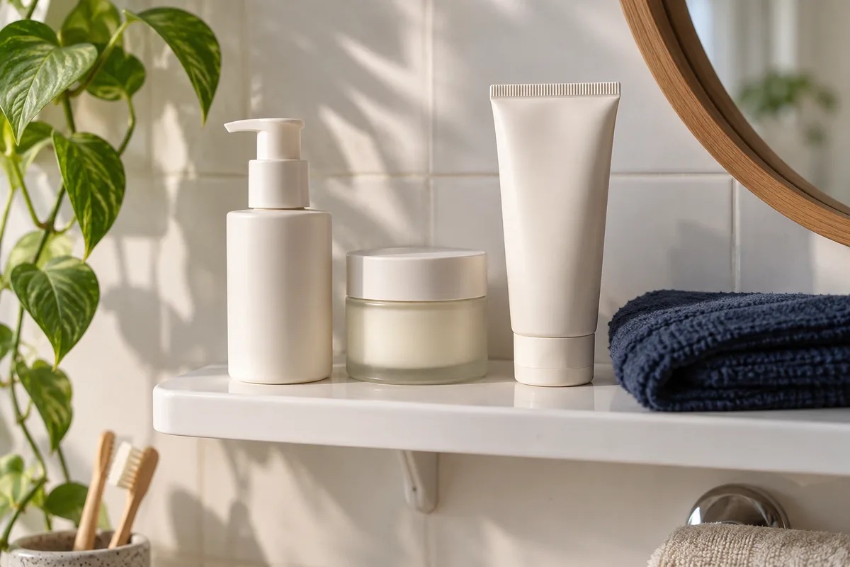 Three simple unlabelled skincare products on a bathroom shelf