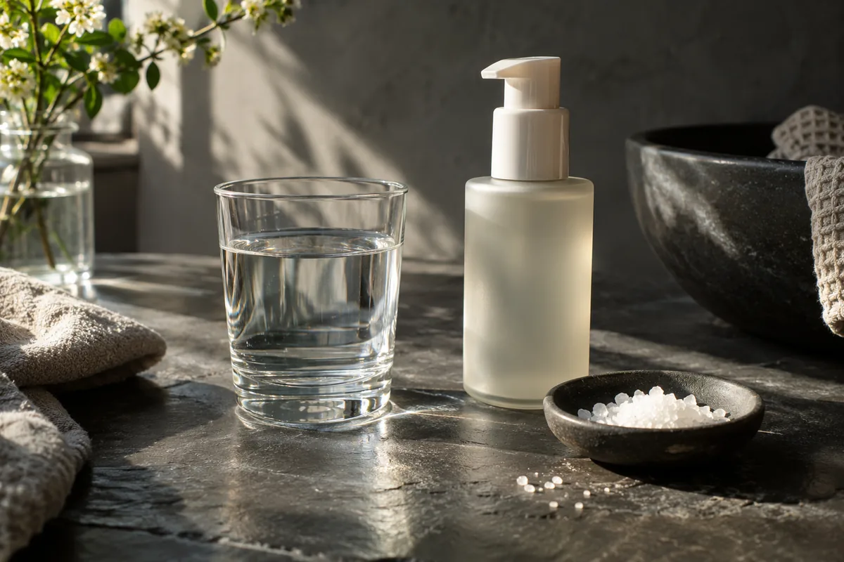Water, cosmetic packaging and white crystals in a simple still life