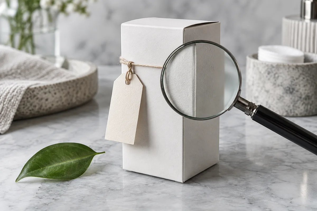 A blank skincare carton and paper tag beside a magnifying glass