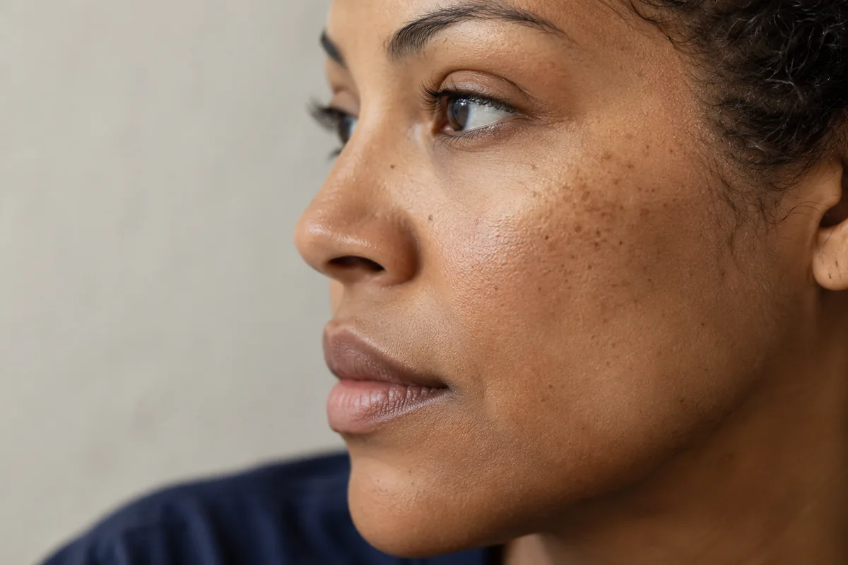 Close portrait showing natural skin texture and small brown freckles