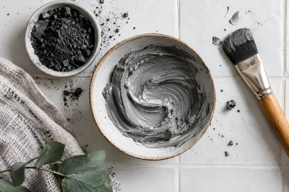 Gray clay mask and dark cosmetic powder beside a mask brush