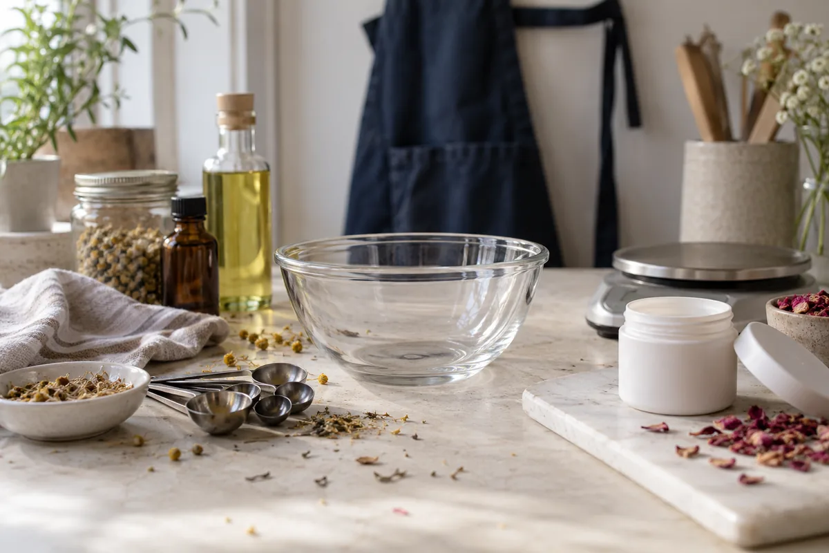 A home mixing bowl, measuring spoons and plain cosmetic jar