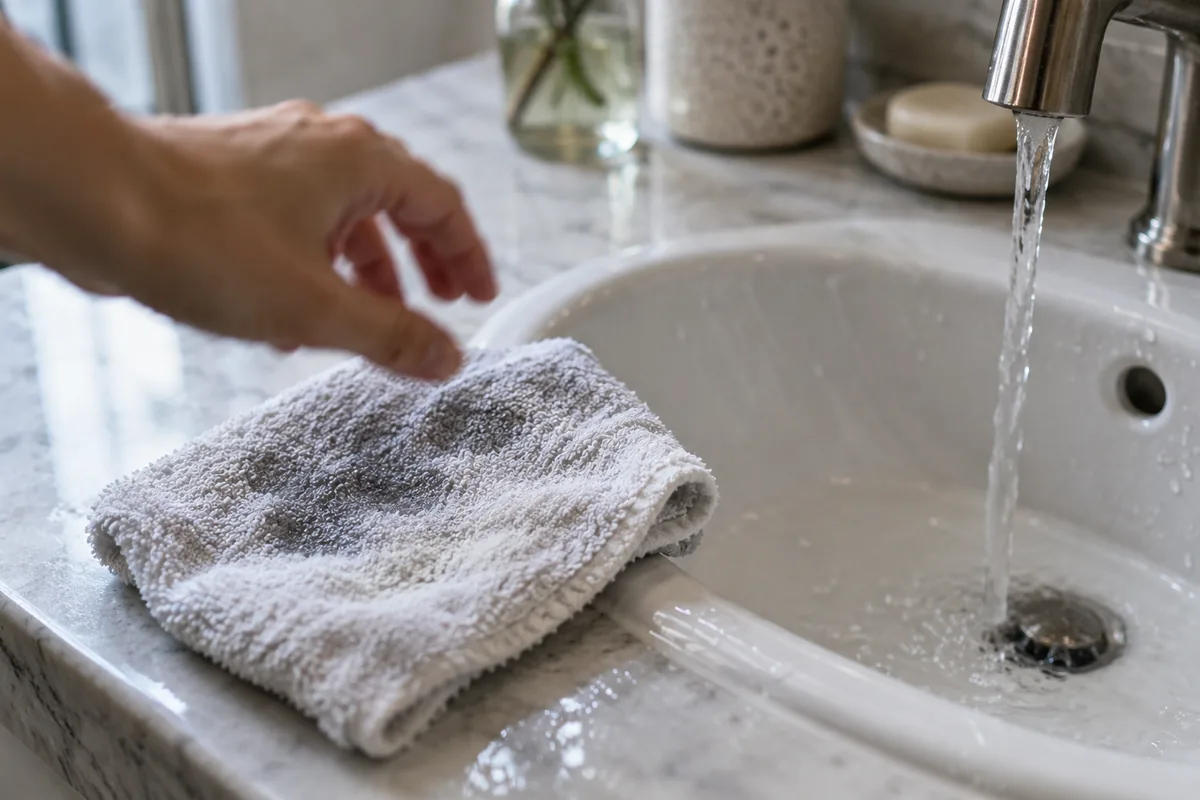 A damp face cloth beside a thin stream of water in a sink