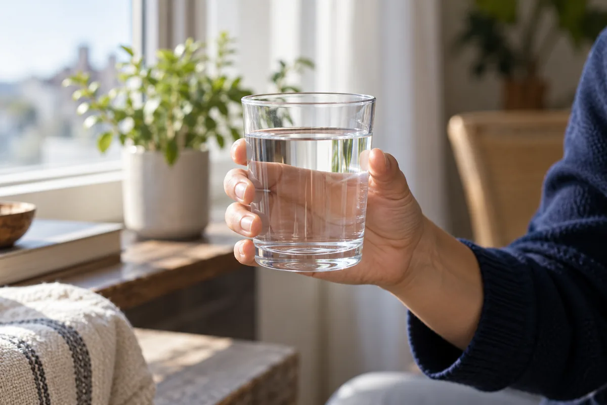 A hand holding a glass of water by a window