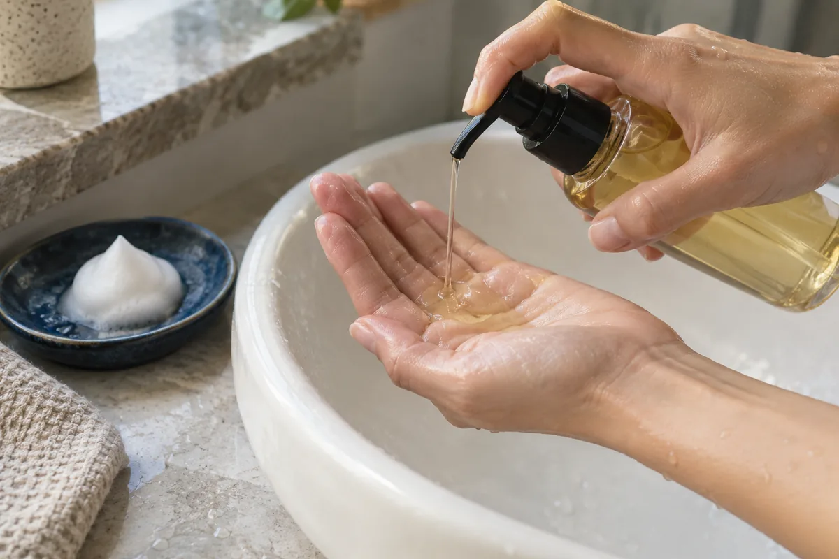 Hands dispensing cleansing oil beside a dish of cleanser foam