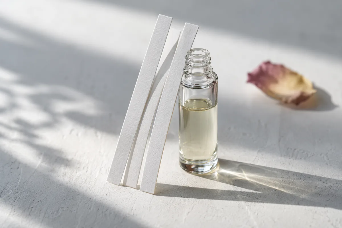Blank fragrance blotter strips beside a clear cosmetic vial