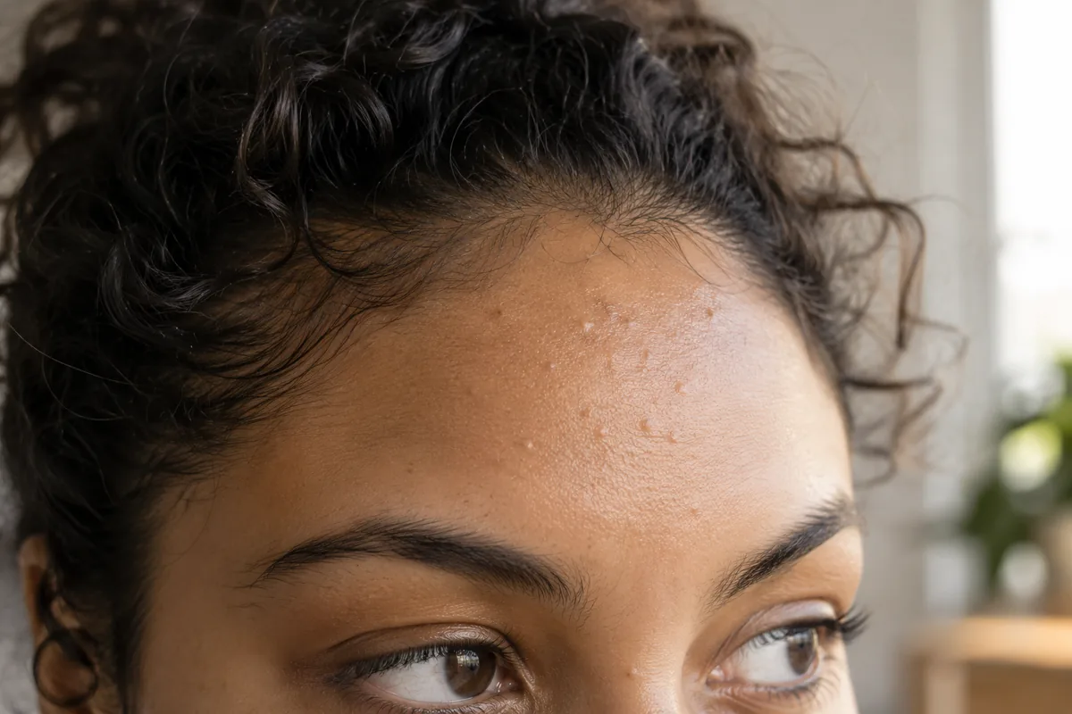 Close view of an adult forehead and hairline with natural skin texture