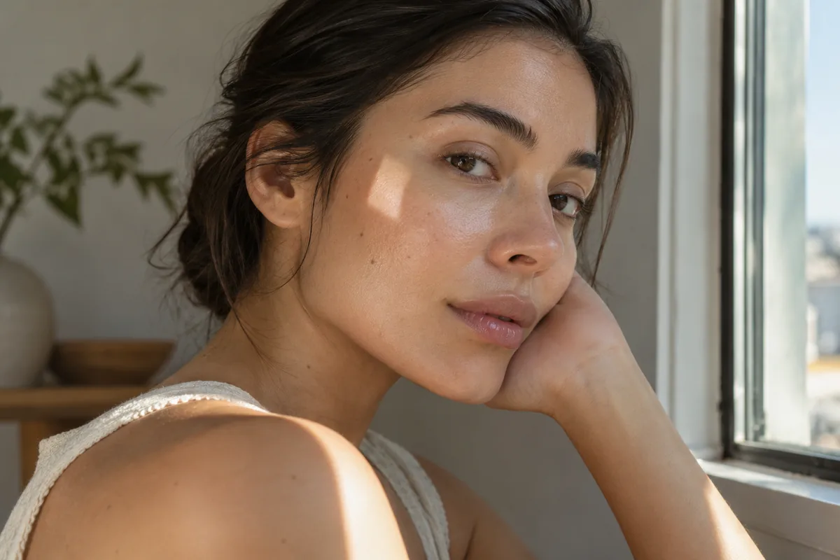 Window light reflecting on a cheek with visible natural skin texture
