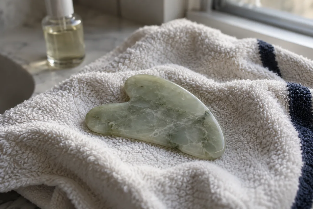 A pale green stone facial massage tool on a folded cotton towel