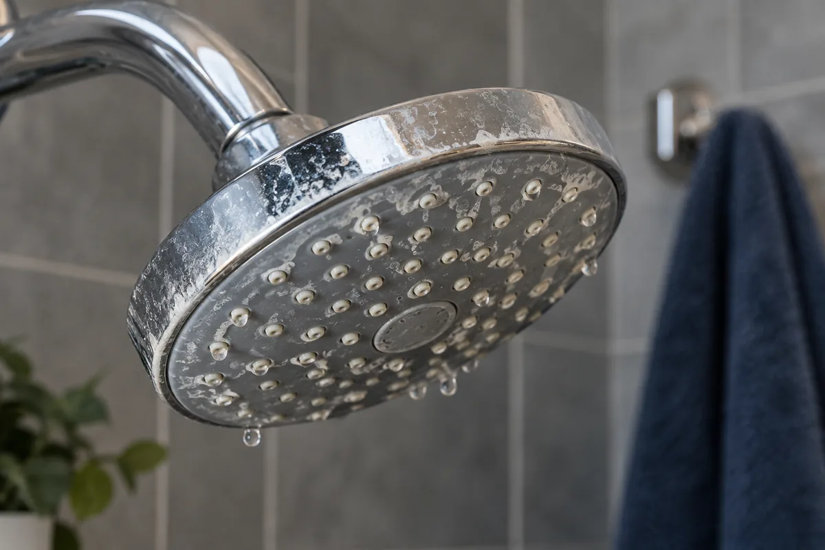 Mineral deposits around the nozzles of a chrome showerhead