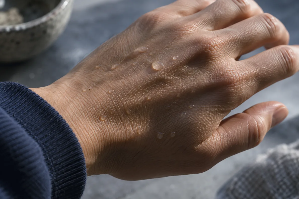 Water droplets resting on naturally textured skin on the back of a hand