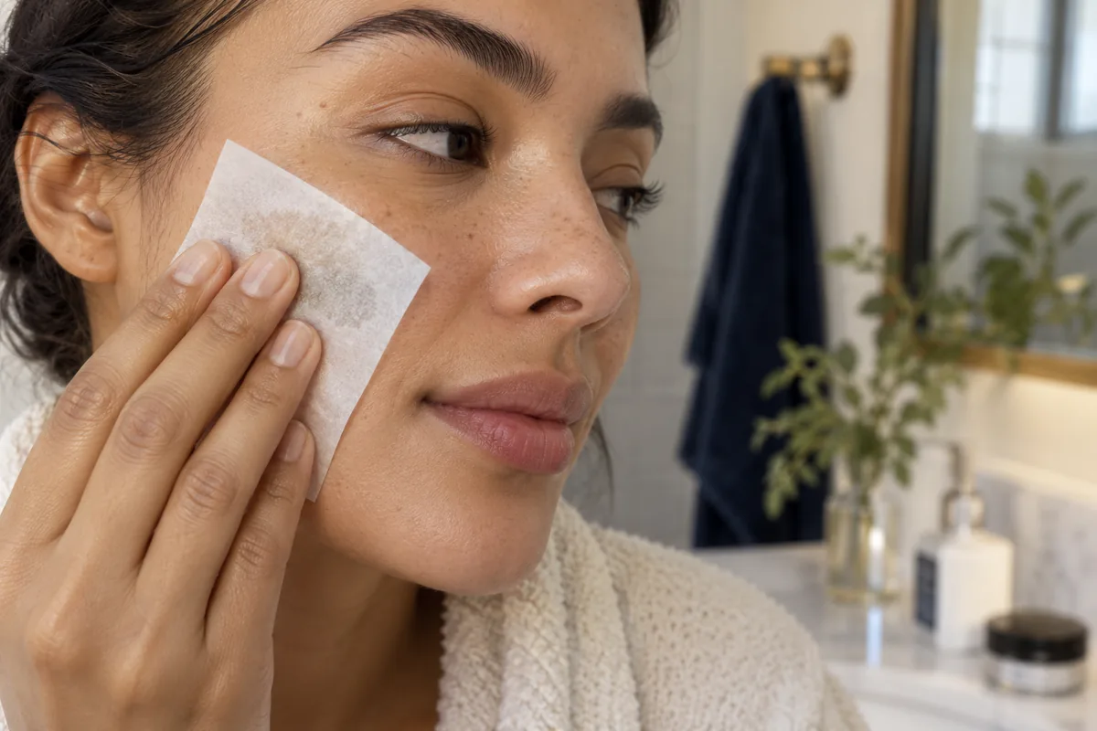 An adult holding blotting paper against their cheek