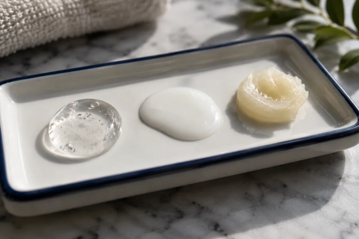 Watery gel, milky fluid and dense balm on a porcelain tray