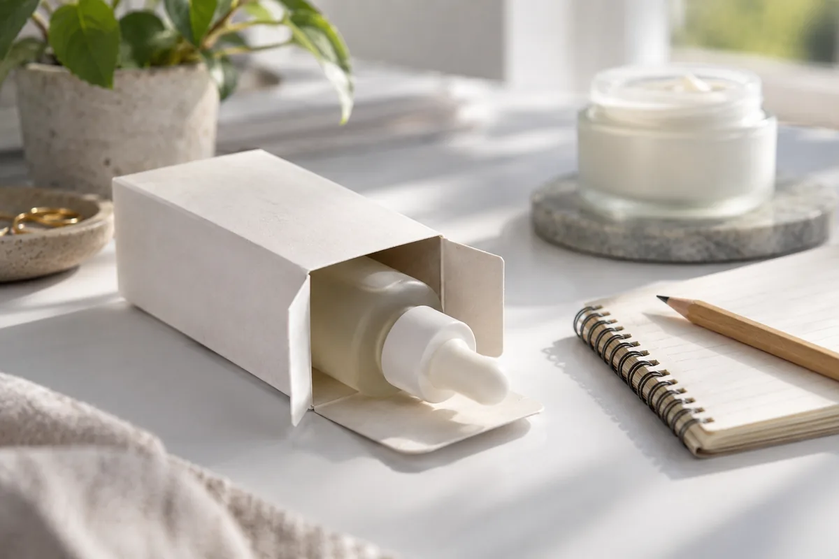A new serum bottle beside an opened carton and notebook