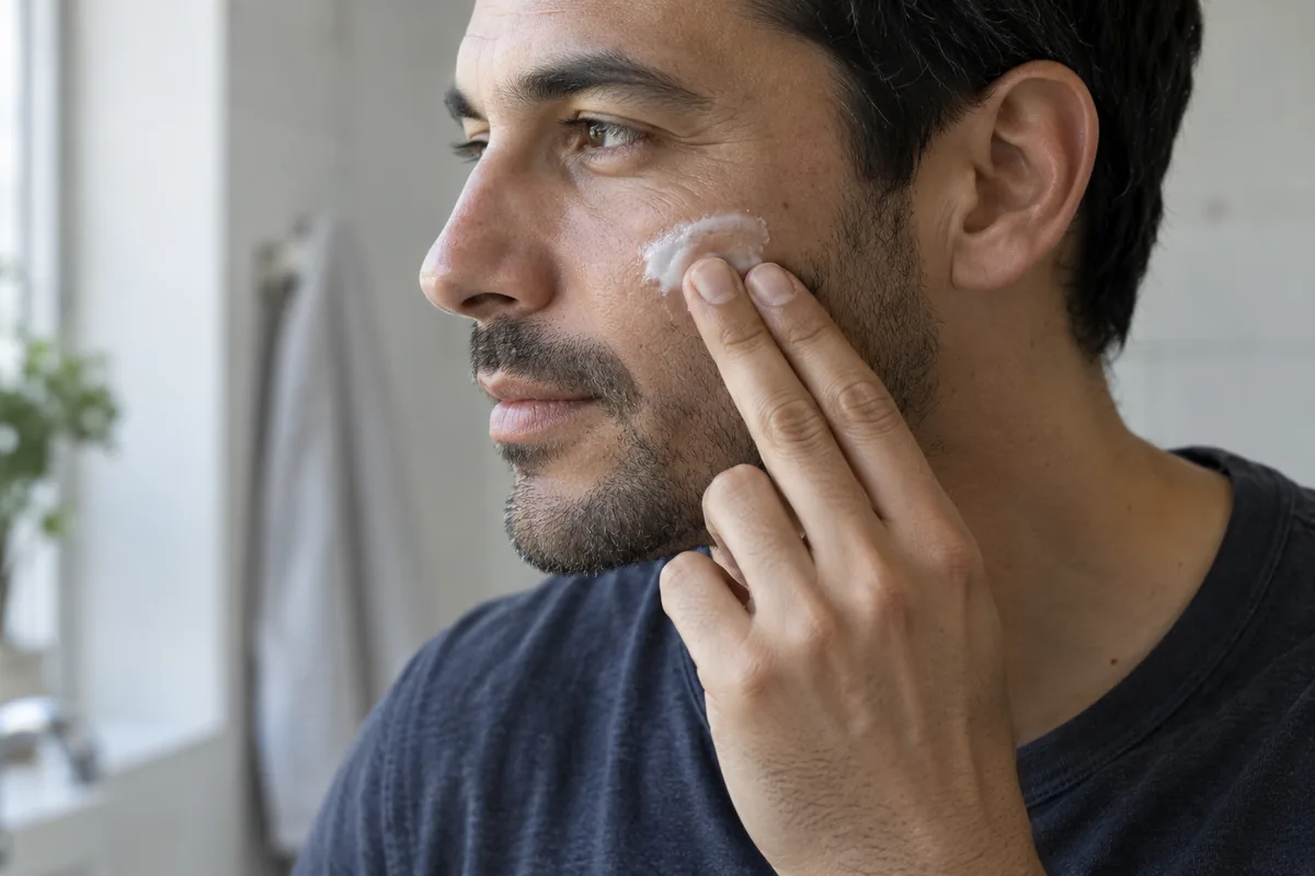 An adult man gently applying moisturizer to his cheek