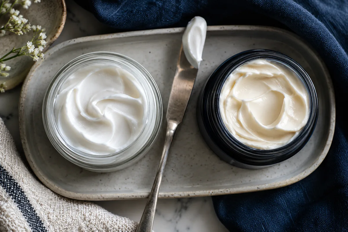 Two open moisturizer jars and a spatula on a ceramic tray