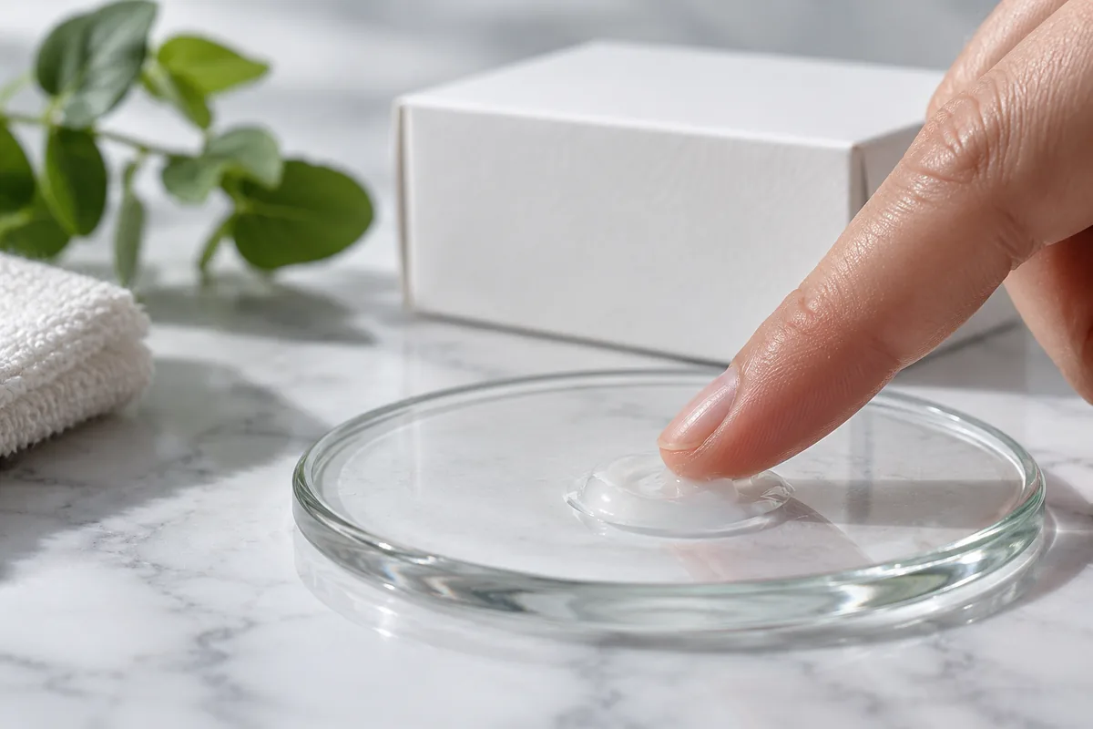 A fingertip testing a small cream sample on glass
