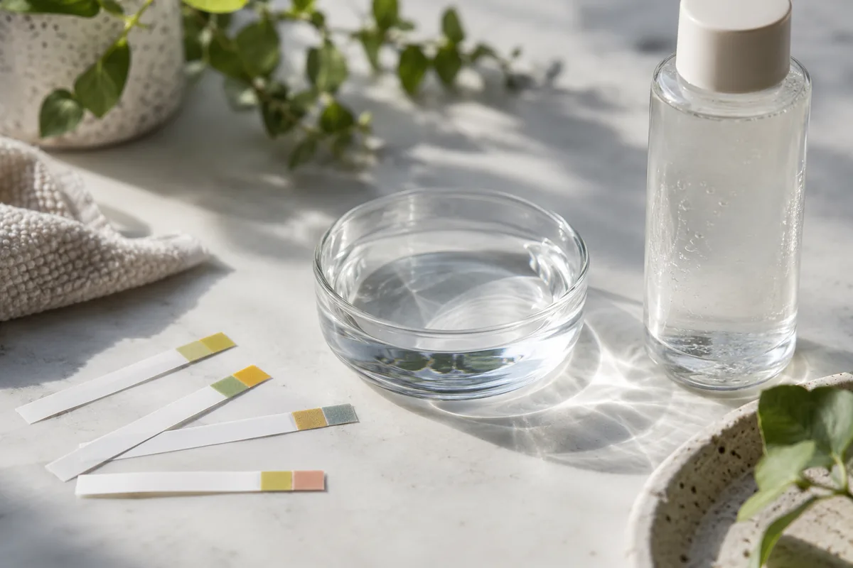 Test strips beside water and an unlabelled toner bottle