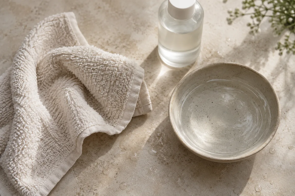A textured washcloth beside a shallow dish of clear toner