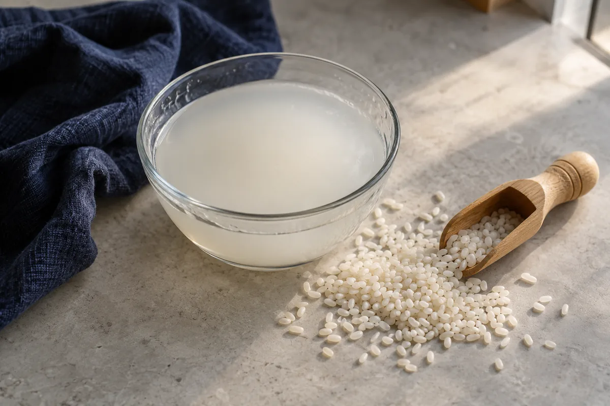 Cloudy rice water in a glass bowl beside uncooked rice and a wooden scoop