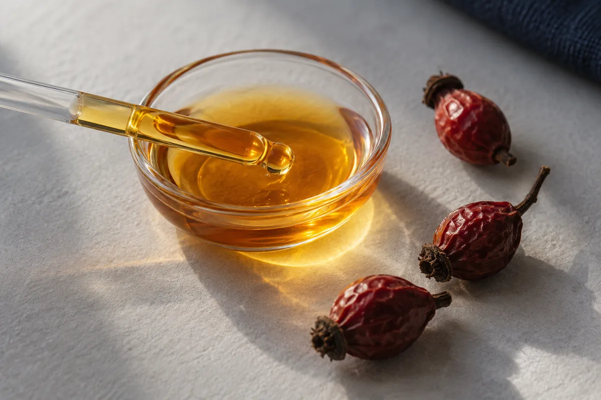 Golden oil and a glass pipette beside dried rosehips