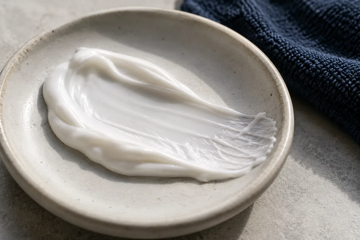 A textured moisturizer trail in a pale ceramic dish
