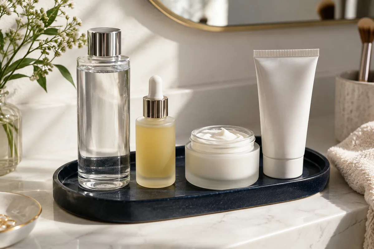 Four skincare formats arranged across a vanity tray