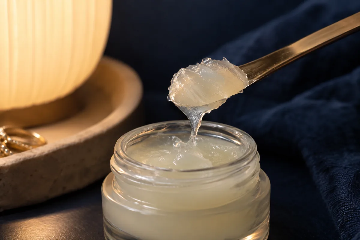 A translucent balm on a spatula above an open jar