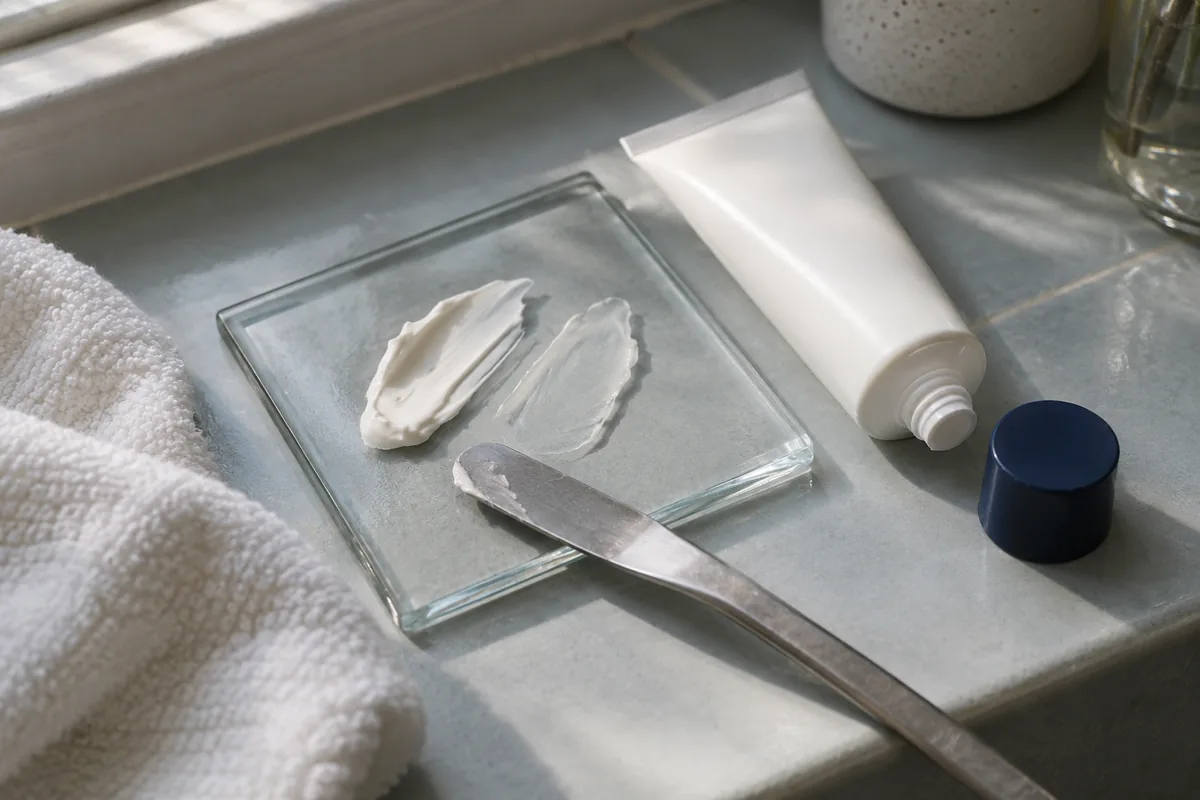Two cream swatches on glass beside an unlabelled sunscreen tube