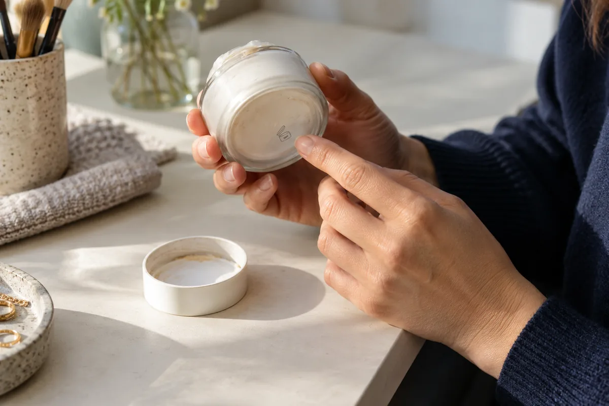 Hands inspecting the underside of a used cosmetic jar