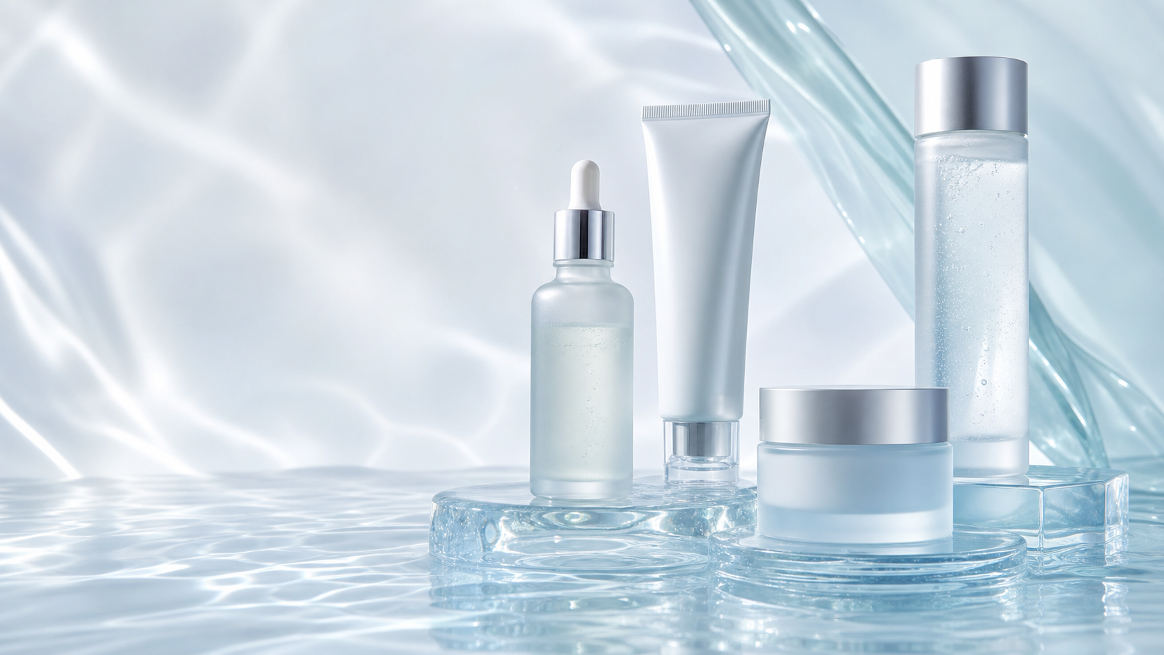 Skincare formulas on a water-lit set